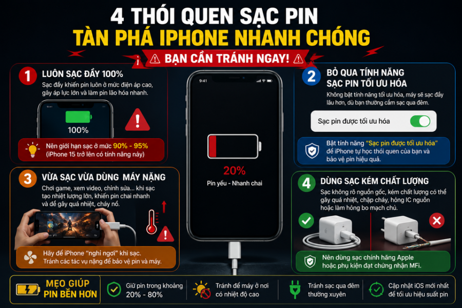 4 Sai Lầm Thường Gặp Khi Sạc Pin iPhone Khiến Pin Nhanh Hỏng